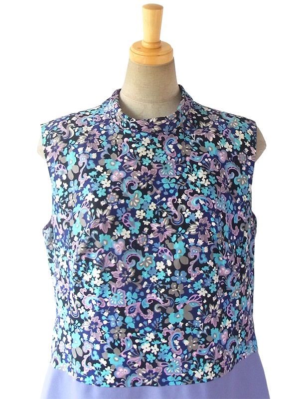 ヨーロッパ古着 ロンドン買い付け 花柄 X ラベンダーのスカート 生地切り返しロールカラー レトロ ワンピース 16BS213