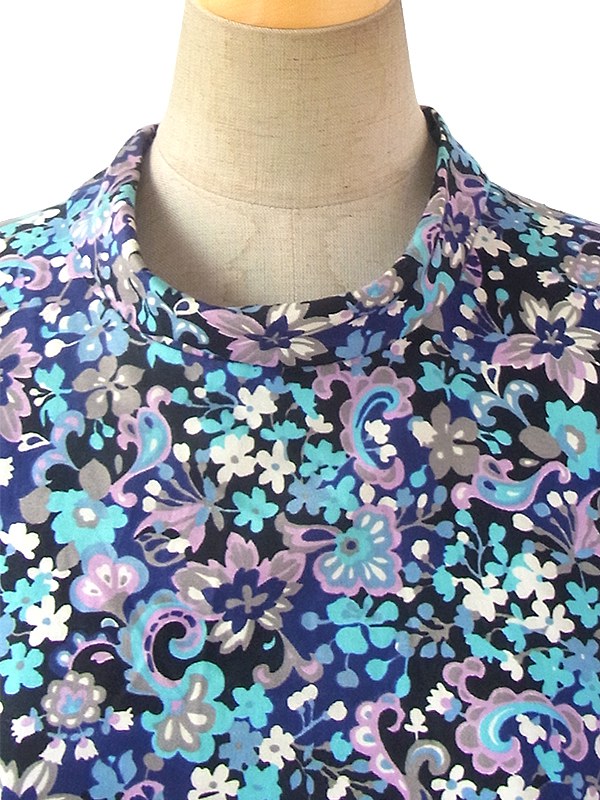 ヨーロッパ古着 ロンドン買い付け 花柄 X ラベンダーのスカート 生地切り返しロールカラー レトロ ワンピース 16BS213