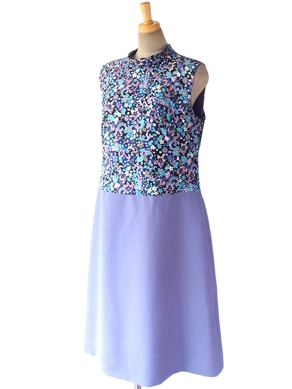 ヨーロッパ古着 ロンドン買い付け 花柄 X ラベンダーのスカート 生地切り返しロールカラー レトロ ワンピース 16BS213