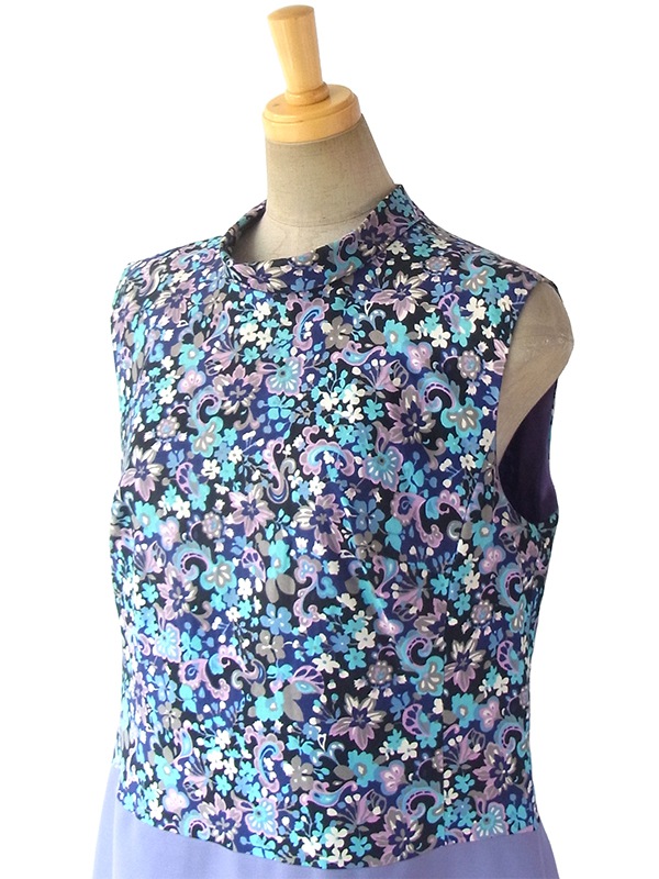 ヨーロッパ古着 ロンドン買い付け 花柄 X ラベンダーのスカート 生地切り返しロールカラー レトロ ワンピース 16BS213