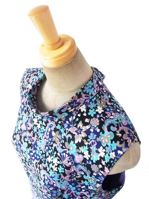 ヨーロッパ古着 ロンドン買い付け 花柄 X ラベンダーのスカート 生地切り返しロールカラー レトロ ワンピース 16BS213