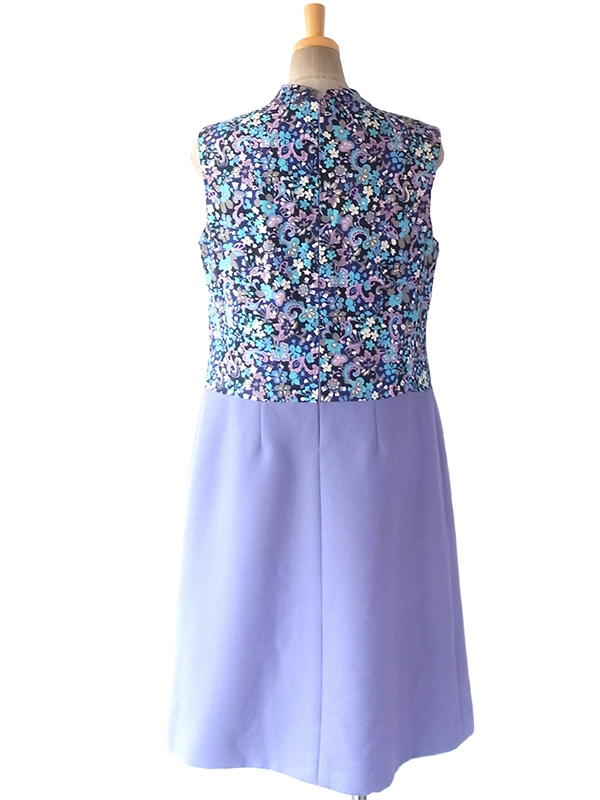 ヨーロッパ古着 ロンドン買い付け 花柄 X ラベンダーのスカート 生地切り返しロールカラー レトロ ワンピース 16BS213