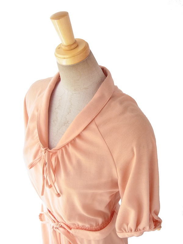 ヨーロッパ古着 ロンドン買い付け 70年代製 アプリコット X リボン紐・デザインベルト付き レトロ ワンピース 16BS216