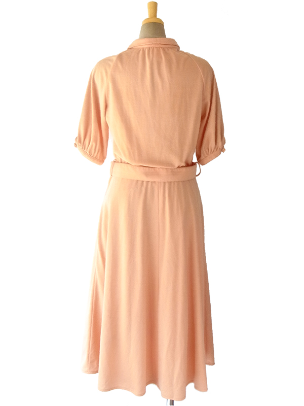 ヨーロッパ古着 ロンドン買い付け 70年代製 アプリコット X リボン紐・デザインベルト付き レトロ ワンピース 16BS216