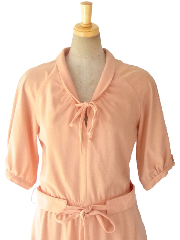 ヨーロッパ古着 ロンドン買い付け 70年代製 アプリコット X リボン紐・デザインベルト付き レトロ ワンピース 16BS216