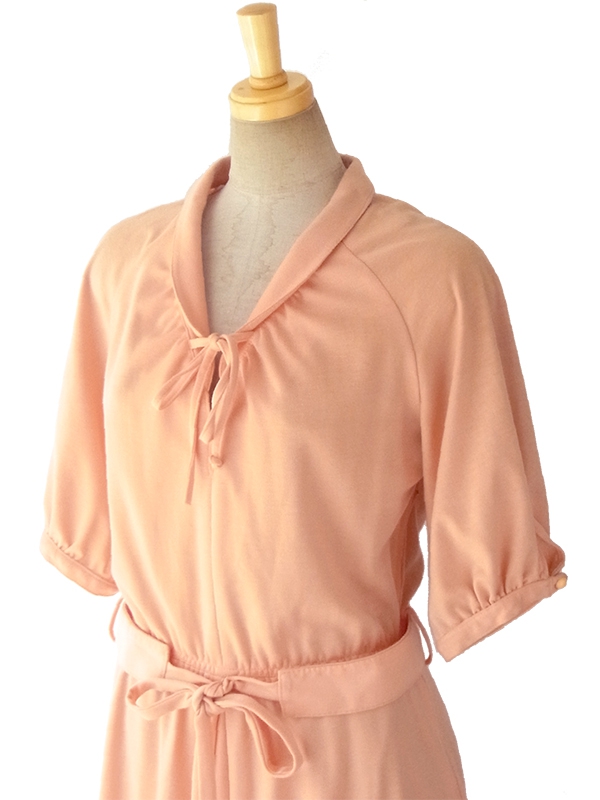 ヨーロッパ古着 ロンドン買い付け 70年代製 アプリコット X リボン紐・デザインベルト付き レトロ ワンピース 16BS216