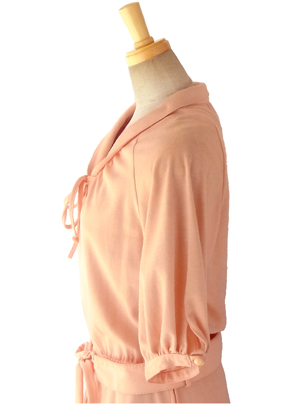 ヨーロッパ古着 ロンドン買い付け 70年代製 アプリコット X リボン紐・デザインベルト付き レトロ ワンピース 16BS216