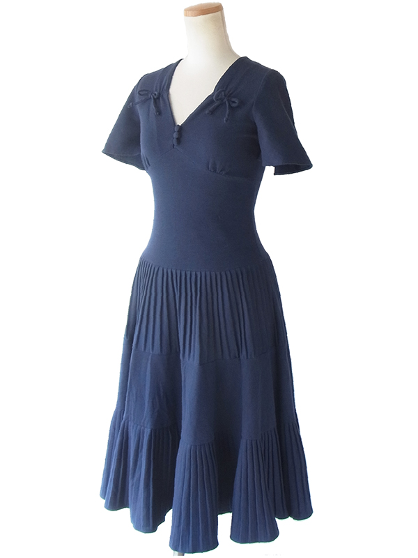 ヨーロッパ古着 ロンドン買い付け 60年代製 ネイビー X レトロデザイン デッドストック ワンピース 16BS217