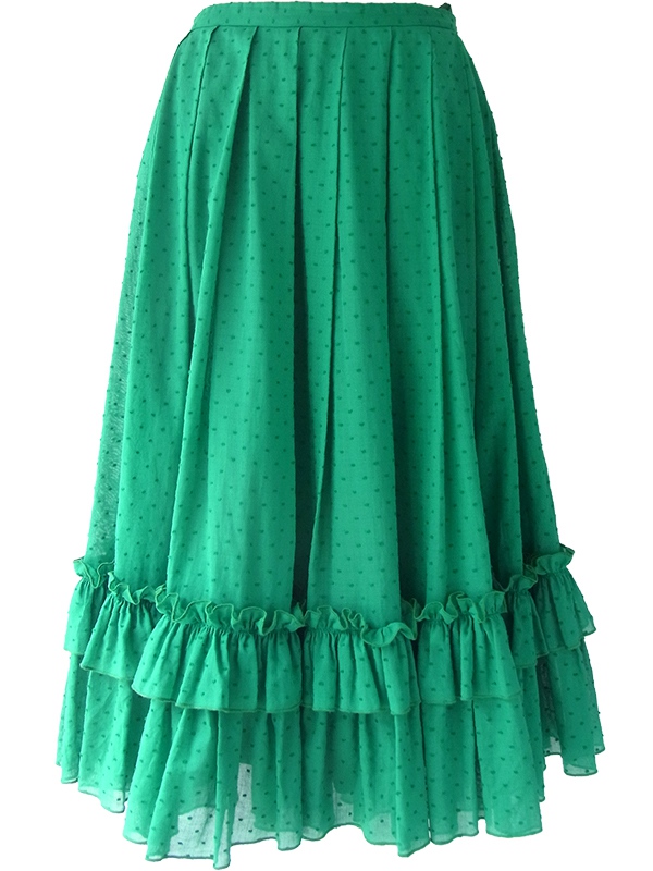 ヨーロッパ古着 ロンドン買い付け グリーン X 水玉刺繍 裾元ギャザーフリル プリーツ スカート 16BS227