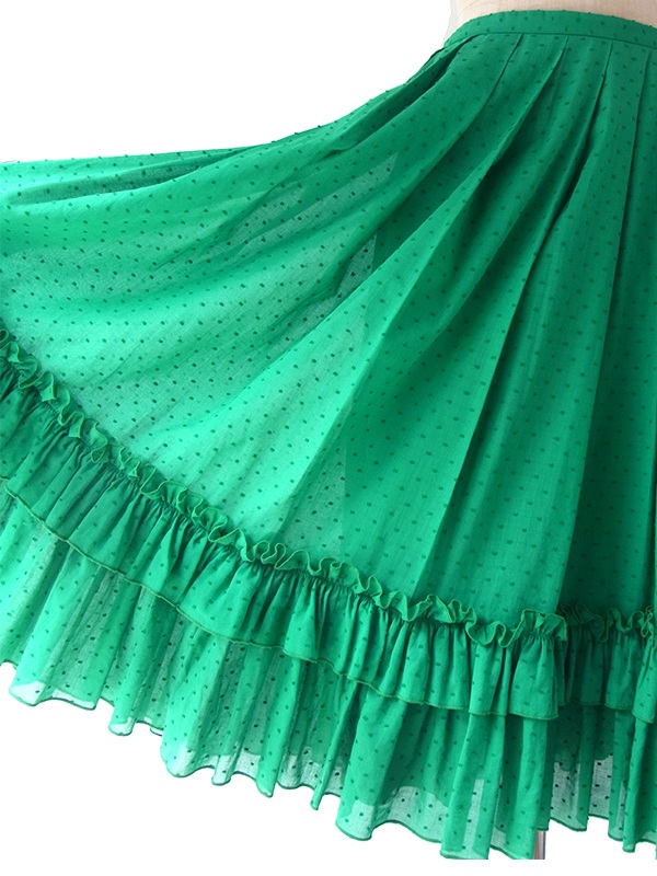 ヨーロッパ古着 ロンドン買い付け グリーン X 水玉刺繍 裾元ギャザーフリル プリーツ スカート 16BS227