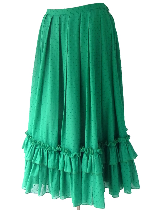 ヨーロッパ古着 ロンドン買い付け グリーン X 水玉刺繍 裾元ギャザーフリル プリーツ スカート 16BS227