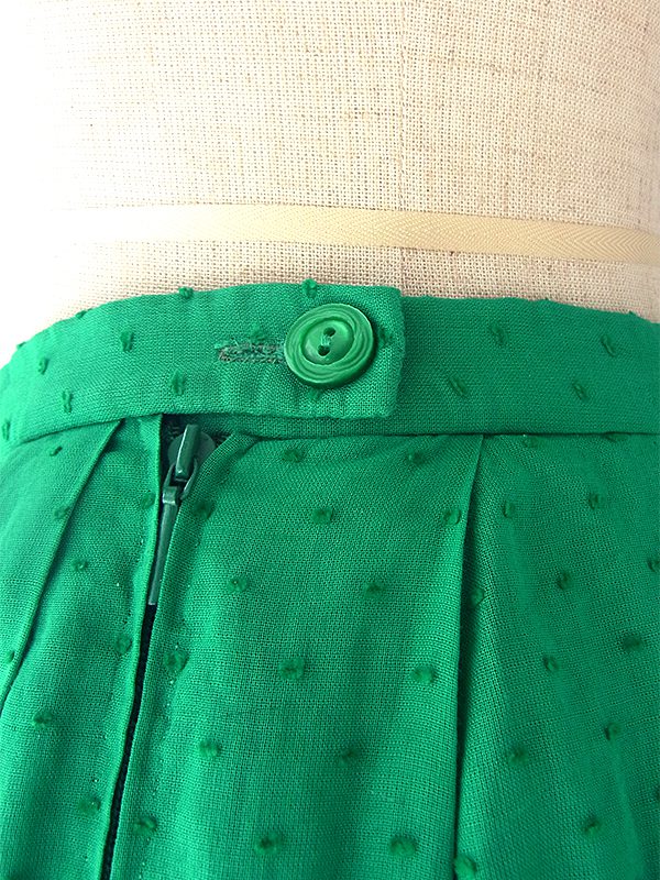 ヨーロッパ古着 ロンドン買い付け グリーン X 水玉刺繍 裾元ギャザーフリル プリーツ スカート 16BS227