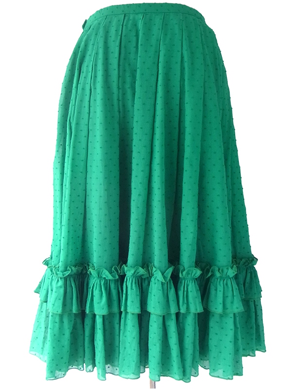 ヨーロッパ古着 ロンドン買い付け グリーン X 水玉刺繍 裾元ギャザーフリル プリーツ スカート 16BS227