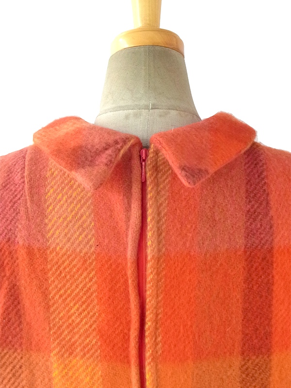 ヨーロッパ古着 ロンドン買い付け 60年代製 レッド X オレンジ ブロックチェック かわいい襟 ウール ワンピース 16BS302