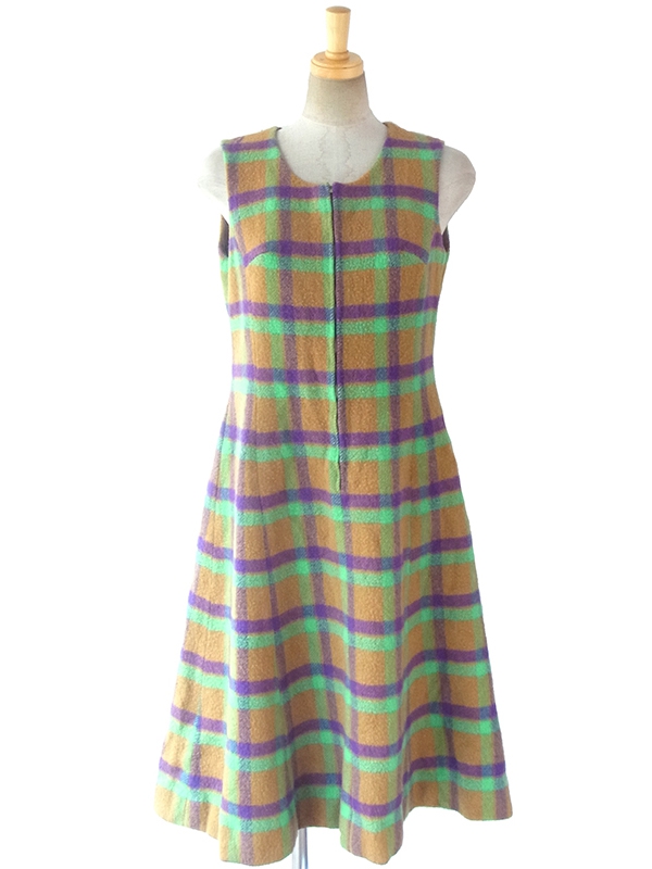 ヨーロッパ古着 ロンドン買い付け 60年代製 カーキ・グリーン・パープル チェック柄 フロントジップ ウール ワンピース 16BS303