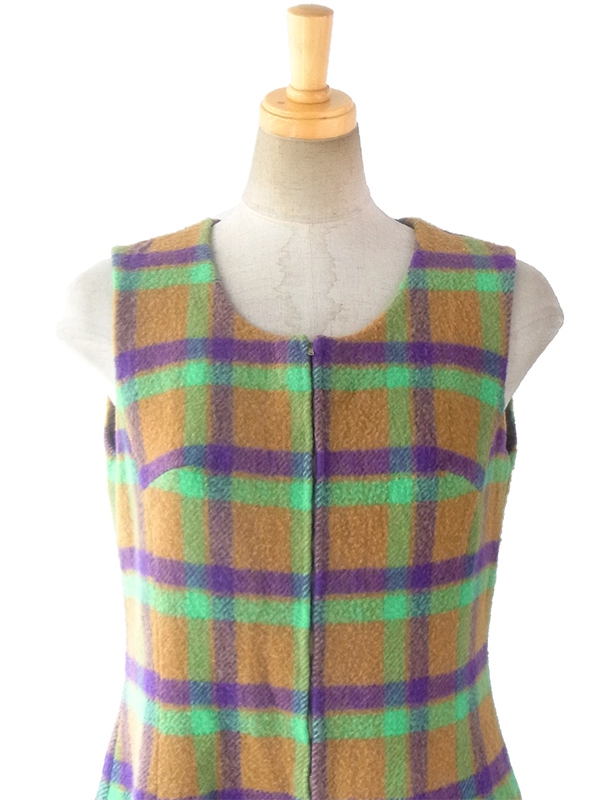 ヨーロッパ古着 ロンドン買い付け 60年代製 カーキ・グリーン・パープル チェック柄 フロントジップ ウール ワンピース 16BS303