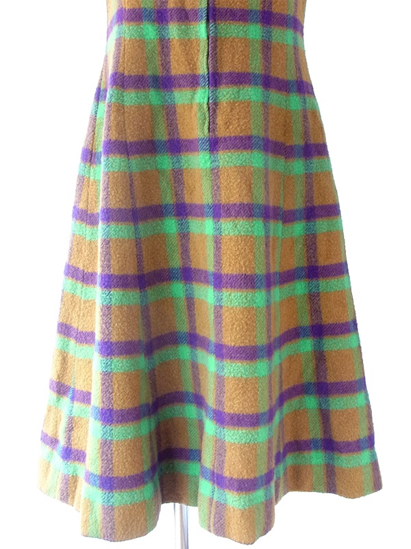 ヨーロッパ古着 ロンドン買い付け 60年代製 カーキ・グリーン・パープル チェック柄 フロントジップ ウール ワンピース 16BS303