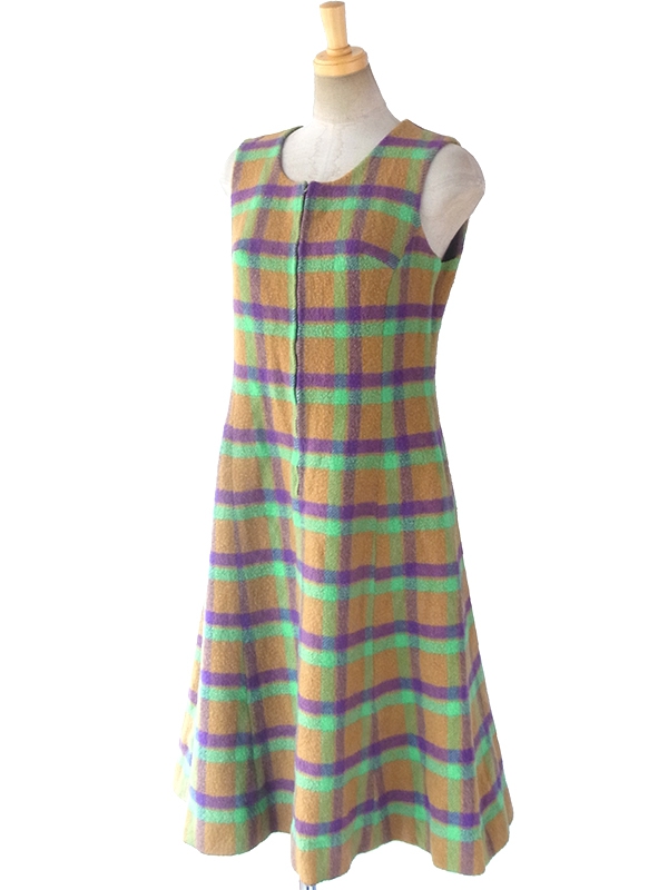 ヨーロッパ古着 ロンドン買い付け 60年代製 カーキ・グリーン・パープル チェック柄 フロントジップ ウール ワンピース 16BS303