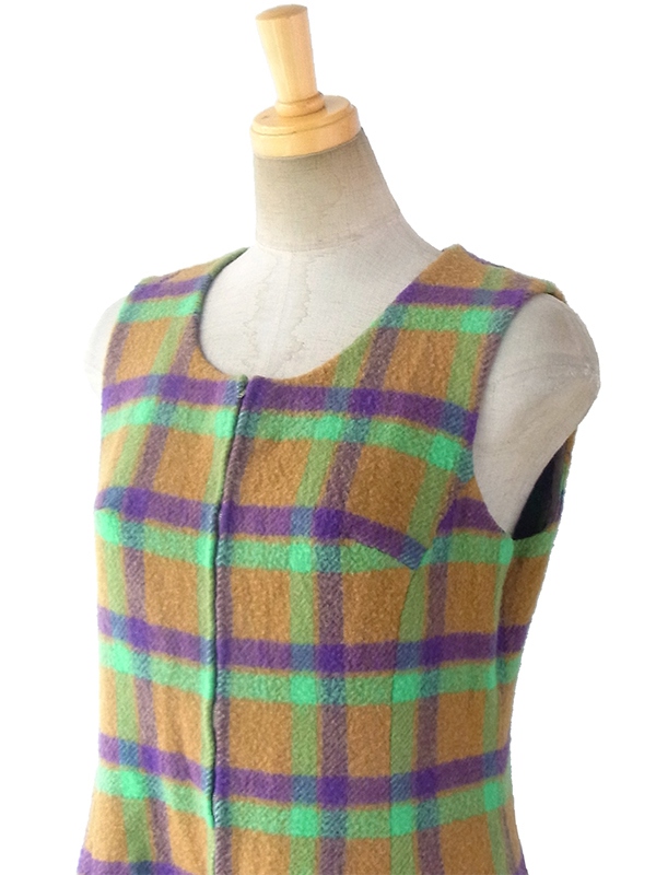 ヨーロッパ古着 ロンドン買い付け 60年代製 カーキ・グリーン・パープル チェック柄 フロントジップ ウール ワンピース 16BS303