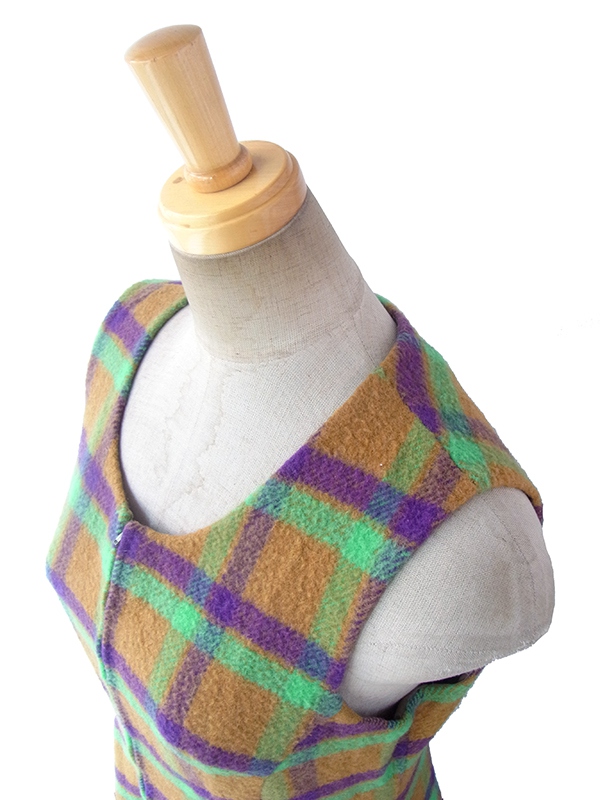 ヨーロッパ古着 ロンドン買い付け 60年代製 カーキ・グリーン・パープル チェック柄 フロントジップ ウール ワンピース 16BS303