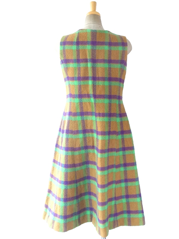 ヨーロッパ古着 ロンドン買い付け 60年代製 カーキ・グリーン・パープル チェック柄 フロントジップ ウール ワンピース 16BS303