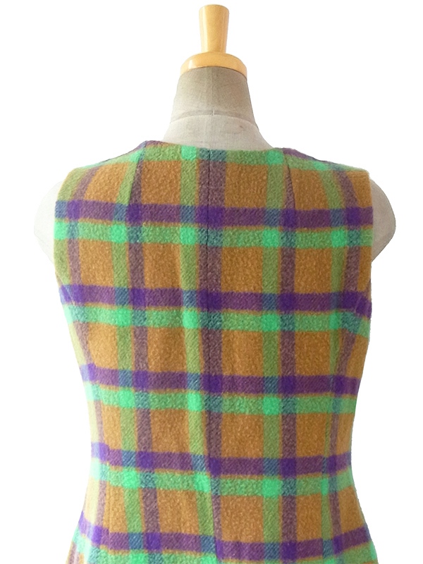 ヨーロッパ古着 ロンドン買い付け 60年代製 カーキ・グリーン・パープル チェック柄 フロントジップ ウール ワンピース 16BS303