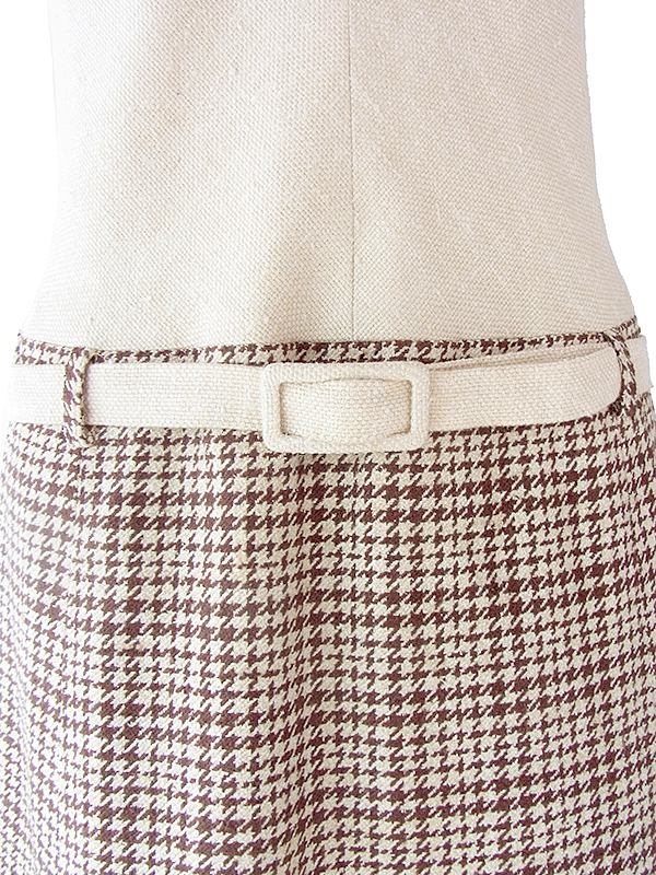 ヨーロッパ古着 ロンドン買い付け 60年代製 アイボリー X ブラウン 千鳥格子スカート 共布ベルト付き ワンピース 16BS313