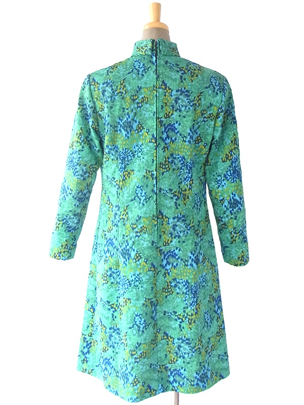 ヨーロッパ古着 ロンドン買い付け 60年代製 グリーン・水色・ブルー X レトロ柄 モックネック ワンピース 16BS321
