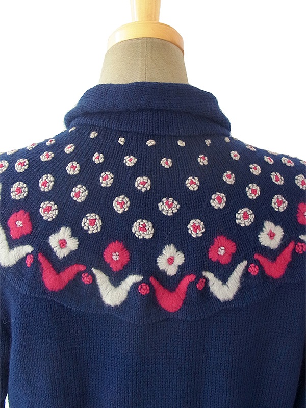 ヨーロッパ古着 ロンドン買い付け 60年代製 ブルー X レッド・ホワイト 花柄刺繍 ウールニット ワンピース 16BS329