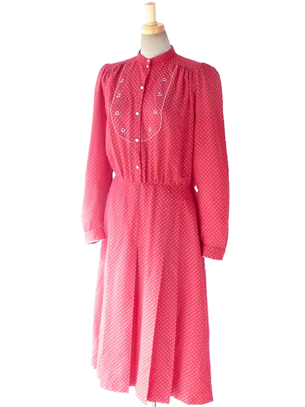 ヨーロッパ古着 イタリア製 レッド X ホワイト 水玉 花柄刺繍 ヴィンテージ ワンピース 16BS330