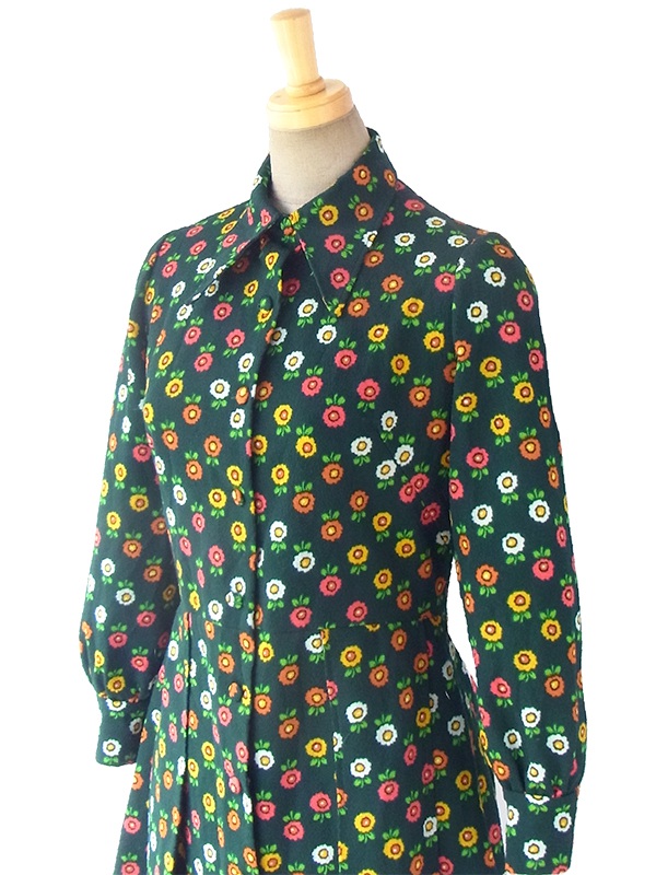 ヨーロッパ古着 ロンドン買い付け 60年代製 グリーン X カラフルなレトロ花柄 ヴィンテージ ワンピース 16BS334
