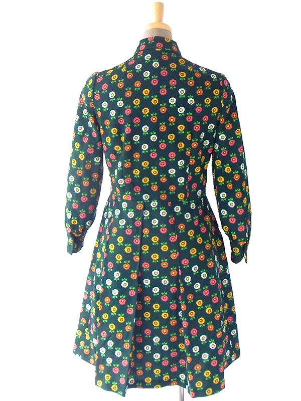 ヨーロッパ古着 ロンドン買い付け 60年代製 グリーン X カラフルなレトロ花柄 ヴィンテージ ワンピース 16BS334