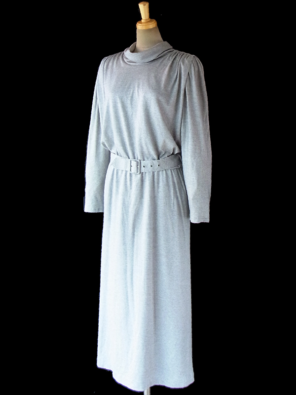 ヨーロッパ古着 ロンドン買い付け Betty Barclay 70年代製 グレイ X 後襟リボン レトロ ワンピース 16BS403