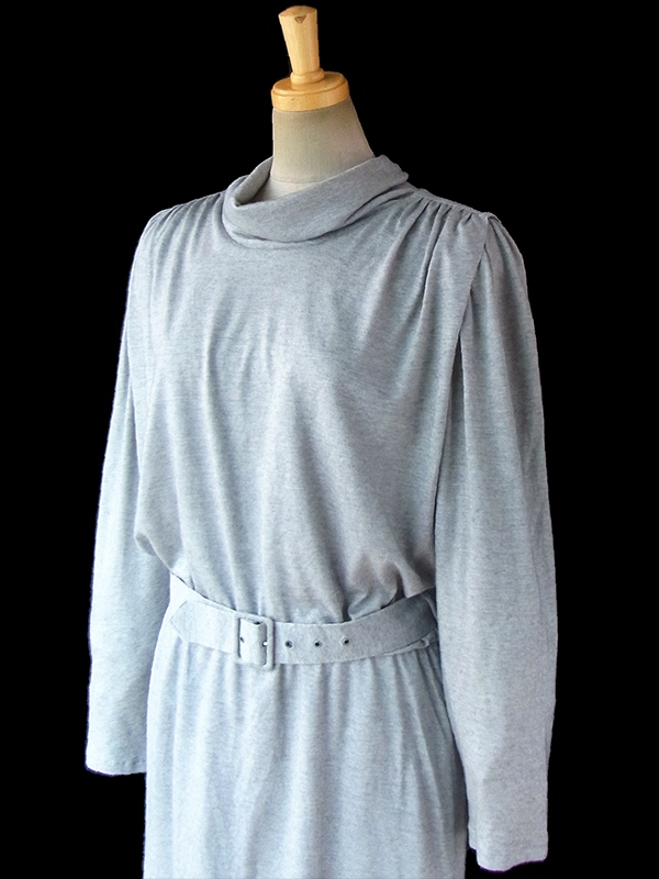 ヨーロッパ古着 ロンドン買い付け Betty Barclay 70年代製 グレイ X 後襟リボン レトロ ワンピース 16BS403