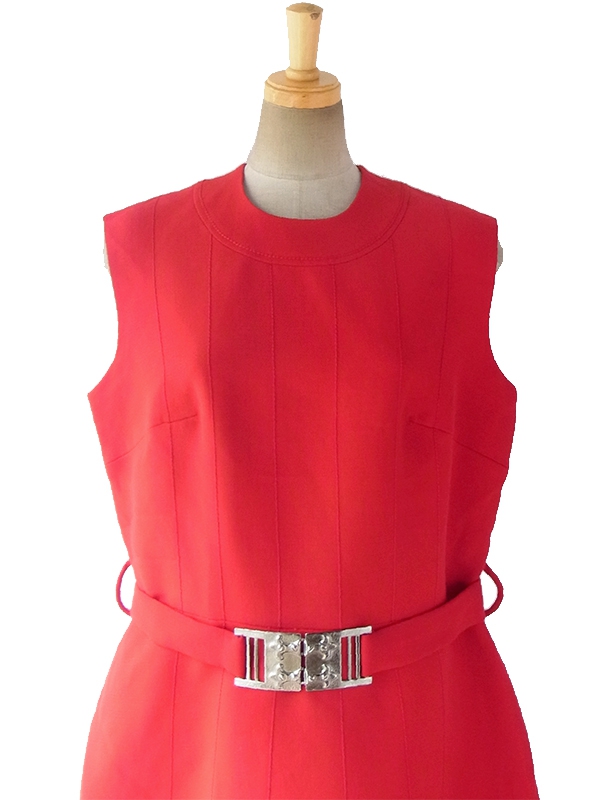 ヨーロッパ古着 ロンドン買い付け 60年代製 レッド X ビッグステッチ ベルト付き ウール ワンピース 16BS411