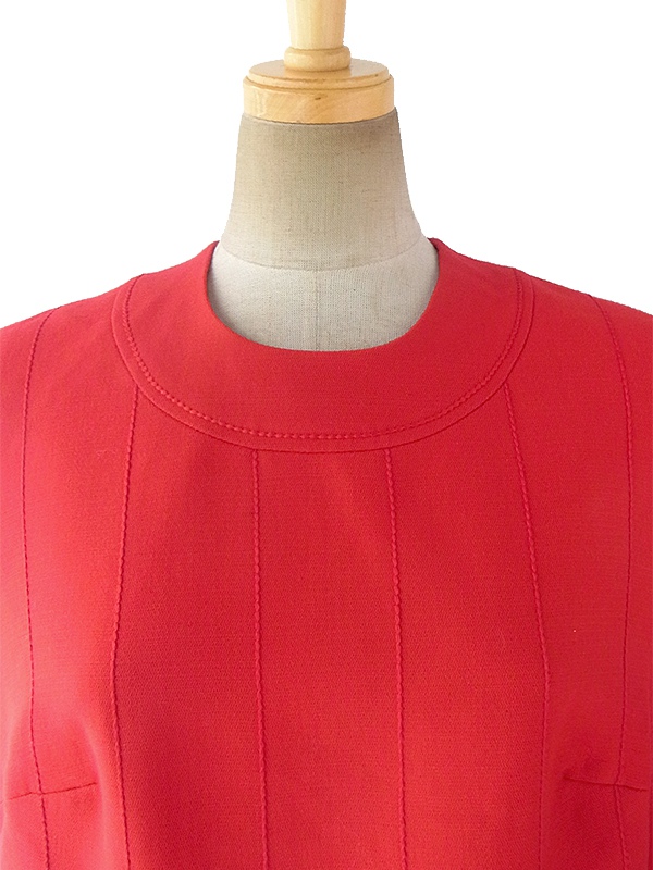 ヨーロッパ古着 ロンドン買い付け 60年代製 レッド X ビッグステッチ ベルト付き ウール ワンピース 16BS411