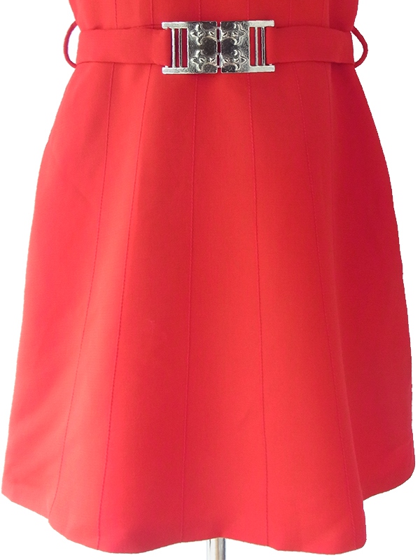 ヨーロッパ古着 ロンドン買い付け 60年代製 レッド X ビッグステッチ ベルト付き ウール ワンピース 16BS411