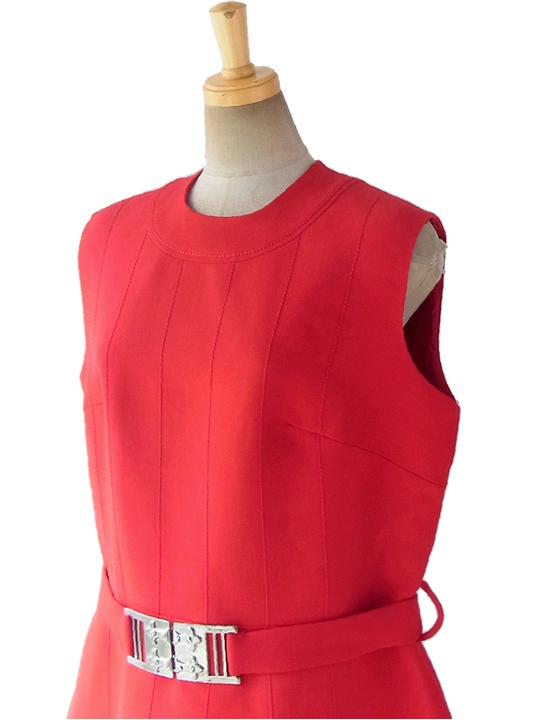 ヨーロッパ古着 ロンドン買い付け 60年代製 レッド X ビッグステッチ ベルト付き ウール ワンピース 16BS411