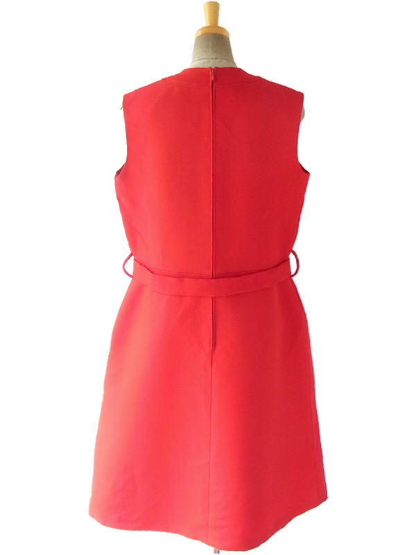 ヨーロッパ古着 ロンドン買い付け 60年代製 レッド X ビッグステッチ ベルト付き ウール ワンピース 16BS411