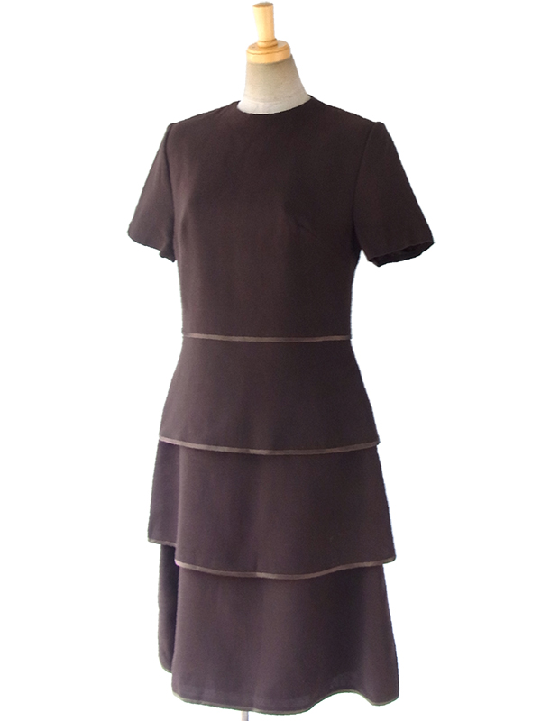 ヨーロッパ古着 ロンドン買い付け フランス製 ダークブラウン ヴィンテージ ティアード ウール ドレス 16BS413