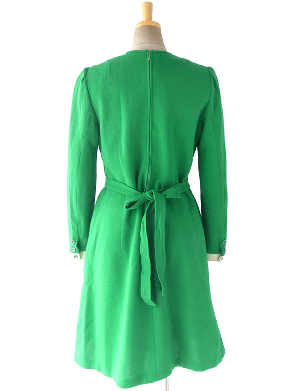 ヨーロッパ古着 ロンドン買い付け 60年代製 グリーン X オフホワイト ピンク 花柄刺繍 レトロ ワンピース 16BS414