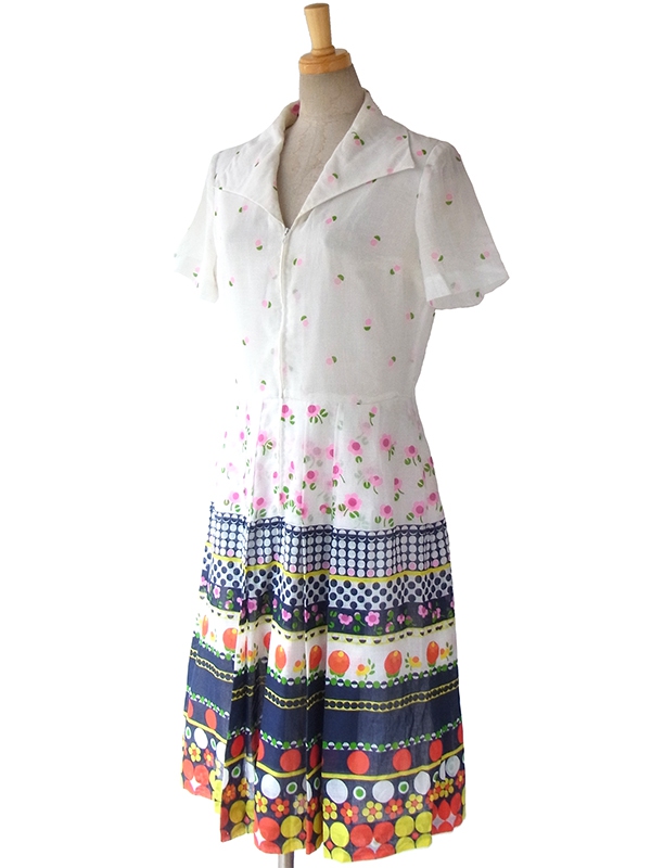 ヨーロッパ古着 フランス買い付け 60年代製 ガーゼ生地 ホワイト X カラフル花柄プリント フロントジップ レトロ ワンピース 16FC007