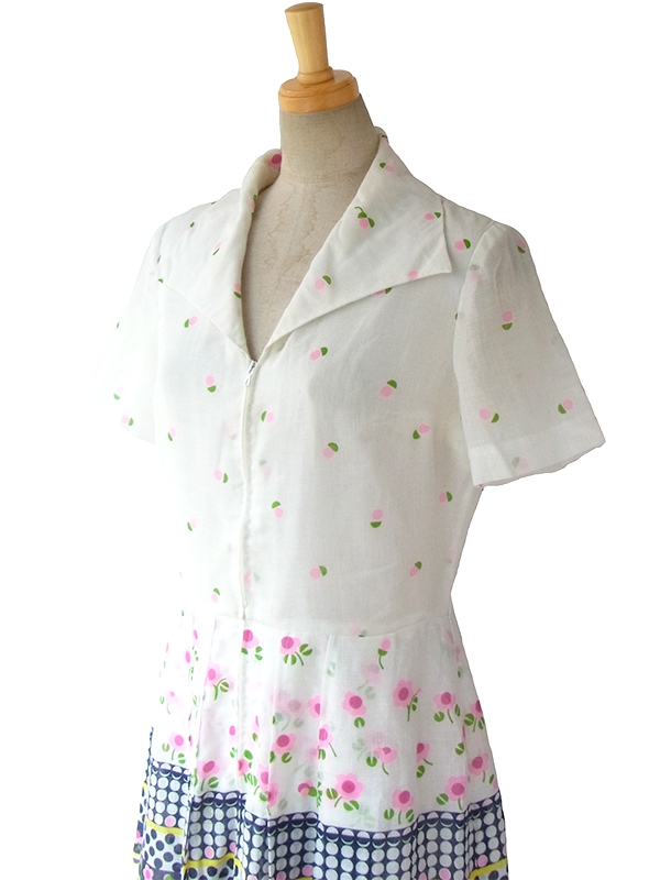 ヨーロッパ古着 フランス買い付け 60年代製 ガーゼ生地 ホワイト X カラフル花柄プリント フロントジップ レトロ ワンピース 16FC007