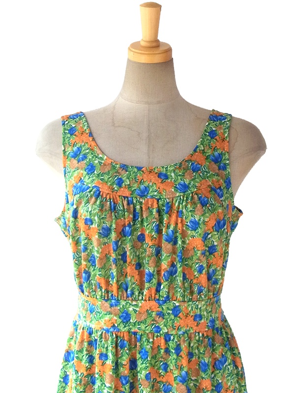 ヨーロッパ古着 フランス買い付け グリーン X オレンジ・ブルー 鮮やかな花柄 ヴィンテージ サマーワンピース 16FC112