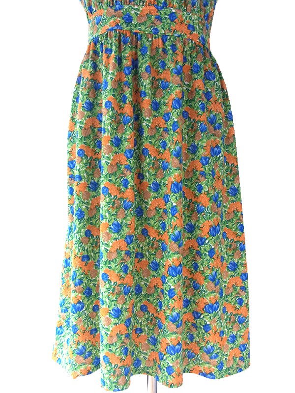 ヨーロッパ古着 フランス買い付け グリーン X オレンジ・ブルー 鮮やかな花柄 ヴィンテージ サマーワンピース 16FC112