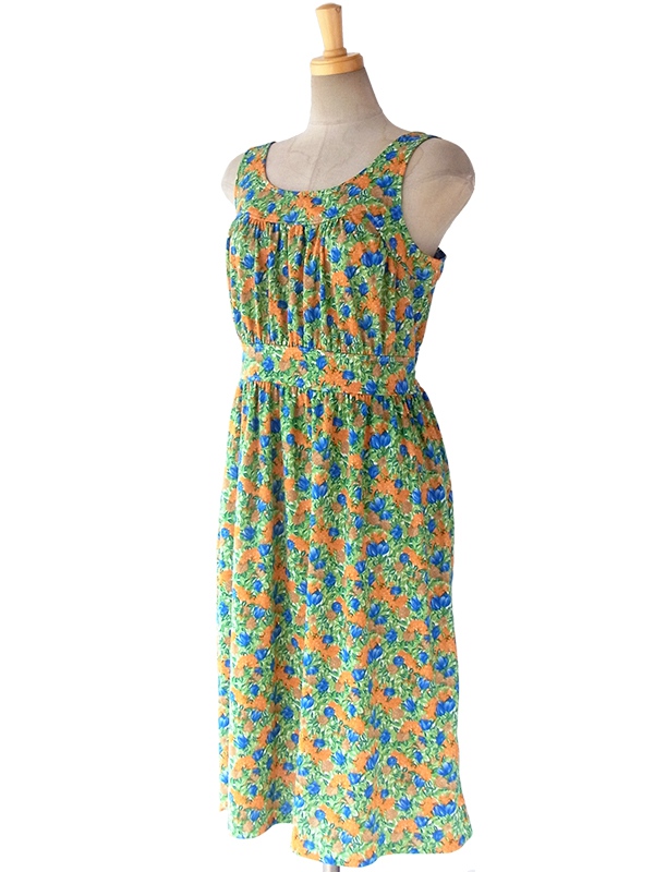 ヨーロッパ古着 フランス買い付け グリーン X オレンジ・ブルー 鮮やかな花柄 ヴィンテージ サマーワンピース 16FC112