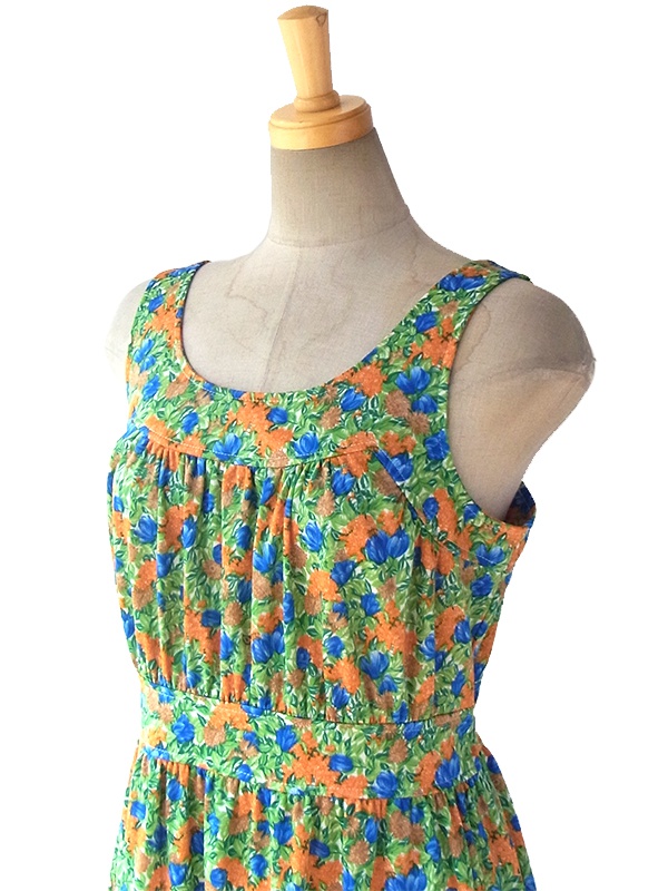 ヨーロッパ古着 フランス買い付け グリーン X オレンジ・ブルー 鮮やかな花柄 ヴィンテージ サマーワンピース 16FC112