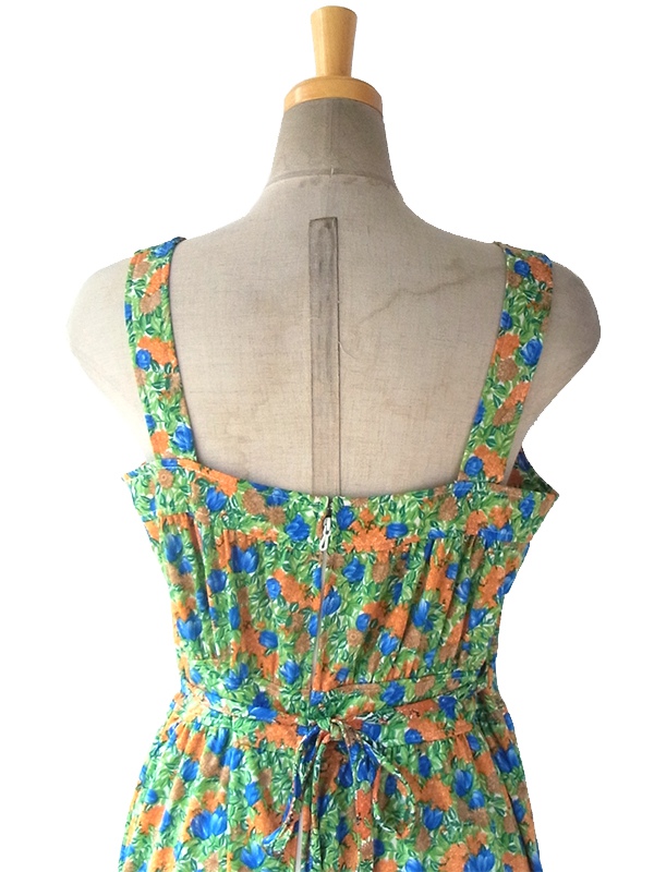 ヨーロッパ古着 フランス買い付け グリーン X オレンジ・ブルー 鮮やかな花柄 ヴィンテージ サマーワンピース 16FC112