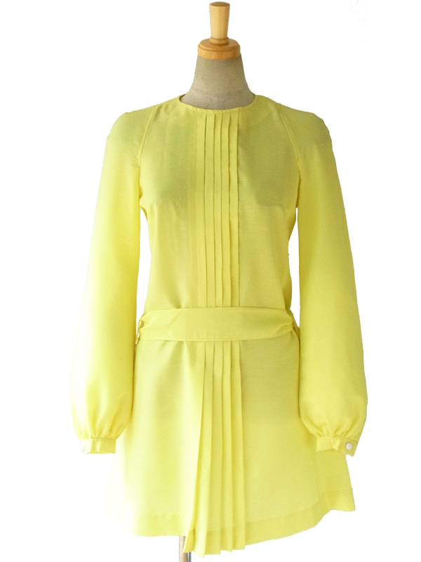 ヨーロッパ古着 フランス買い付け 60年代製 イエロー X プリーツデザイン 共布ベルト付き ヴィンテージ ワンピース 16FC113