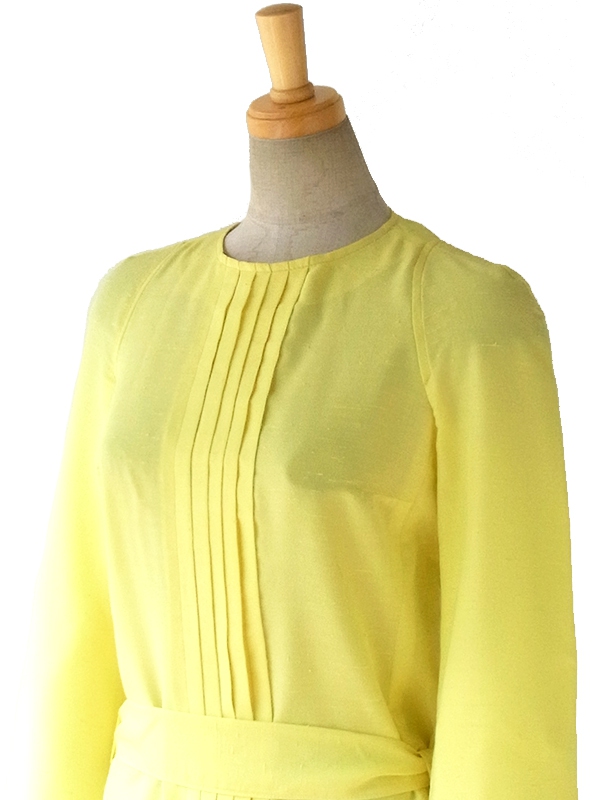 ヨーロッパ古着 フランス買い付け 60年代製 イエロー X プリーツデザイン 共布ベルト付き ヴィンテージ ワンピース 16FC113